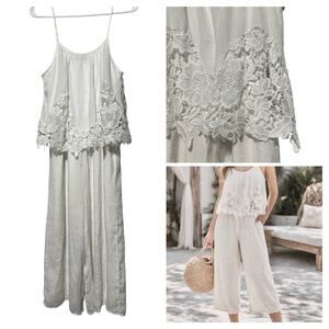 J Gee Sheer Wide-Leg Jumpsuit Size M | Lined | Lace Trim | Boho Chic